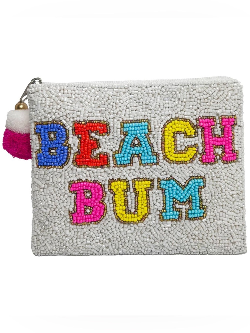 Nu Shuz Key West Multicolor Hand-Beaded ' Beach Bum ' White Clutch Coin Pouch
